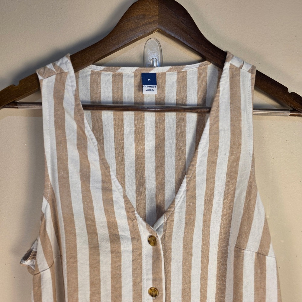 Old Navy Midi Dress Womens Medium Tan Striped Linen Blend Lace Up Back Pockets - Picture 3 of 10